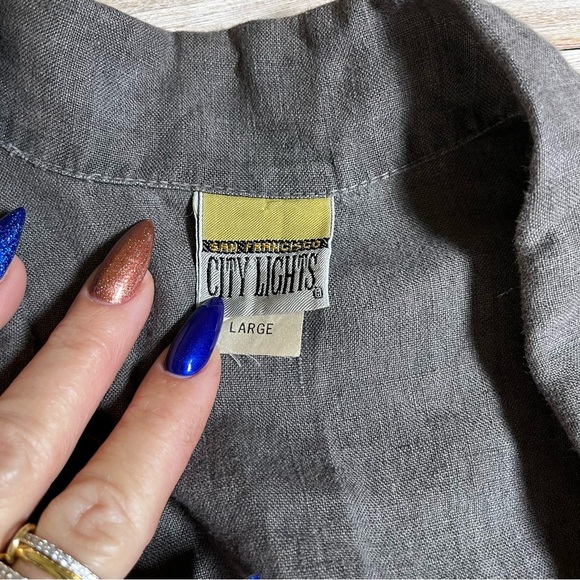 Vintage City Lights Short Sleeve Linen Button Up Oversized Dark Gray Blouse Top - Picture 2 of 12